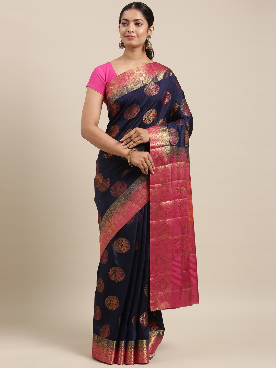 

The Chennai Silks Navy Blue & Pink Ethnic Motifs Fusion Saree