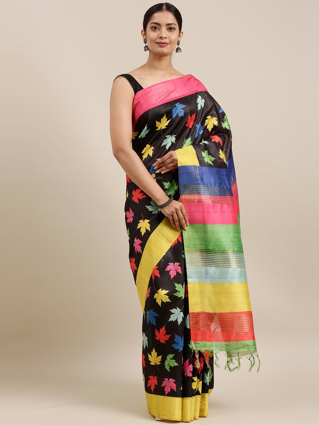 

The Chennai Silks Black & Yellow Floral Zari Fusion Saree