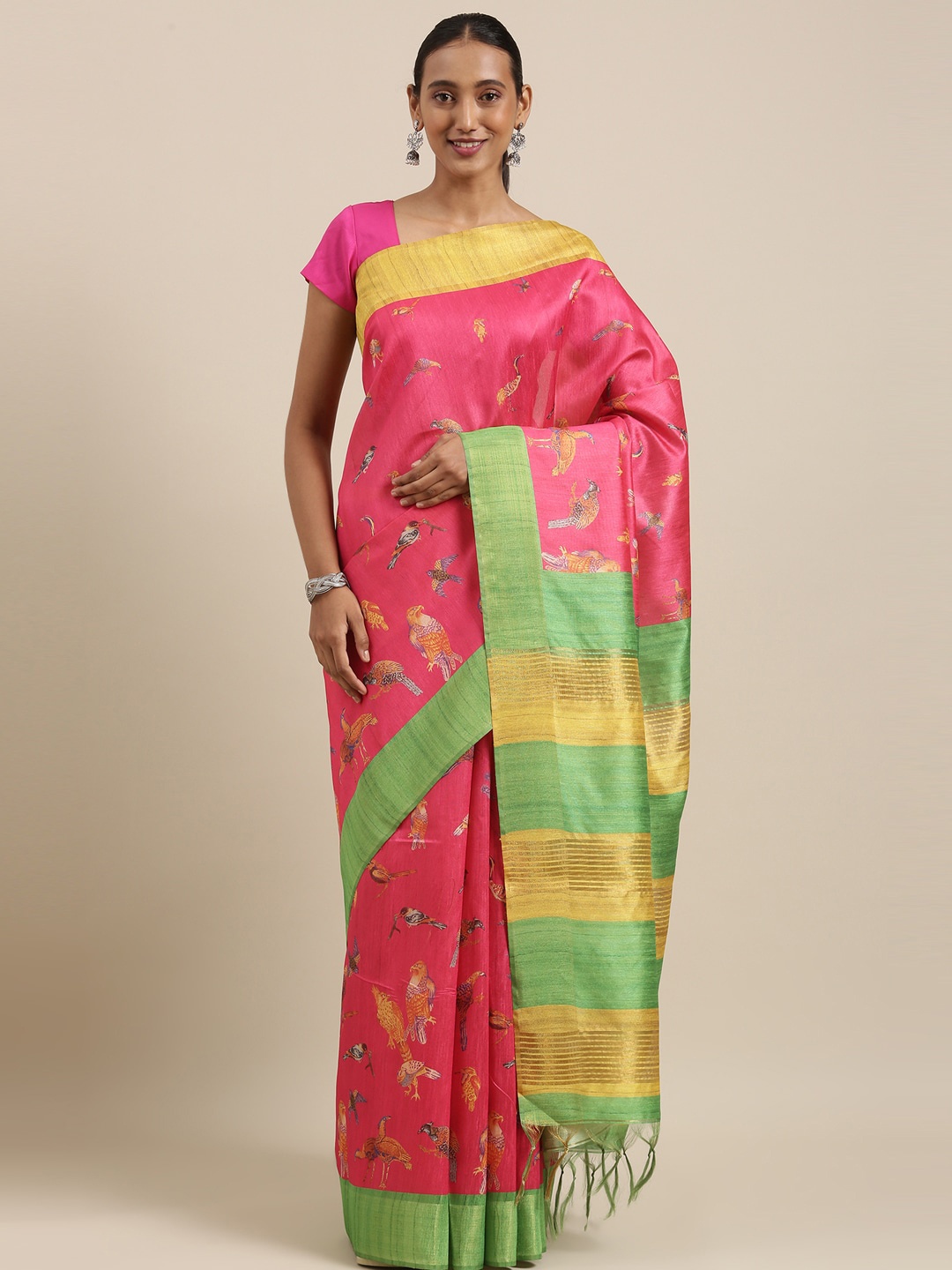 

The Chennai Silks Pink & Green Floral Jute Cotton Fusion Saree