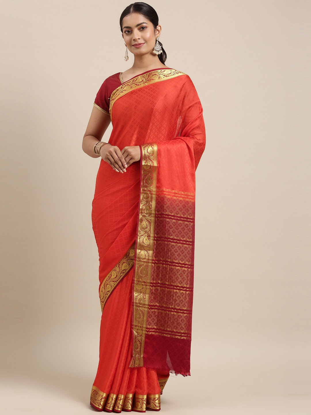 

The Chennai Silks Red & Orange Floral Fusion Saree