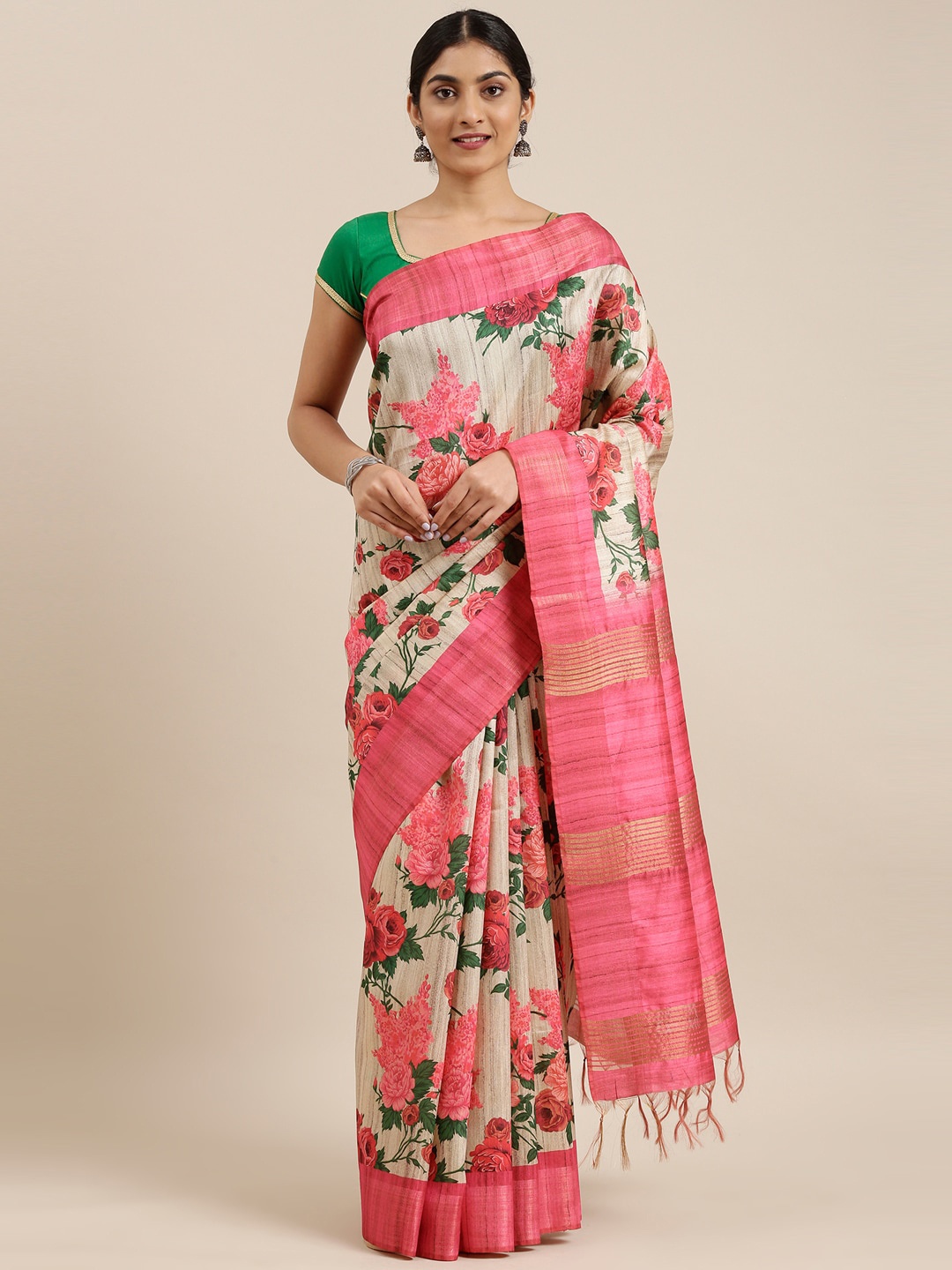 

The Chennai Silks Beige & Rose Floral Fusion Saree