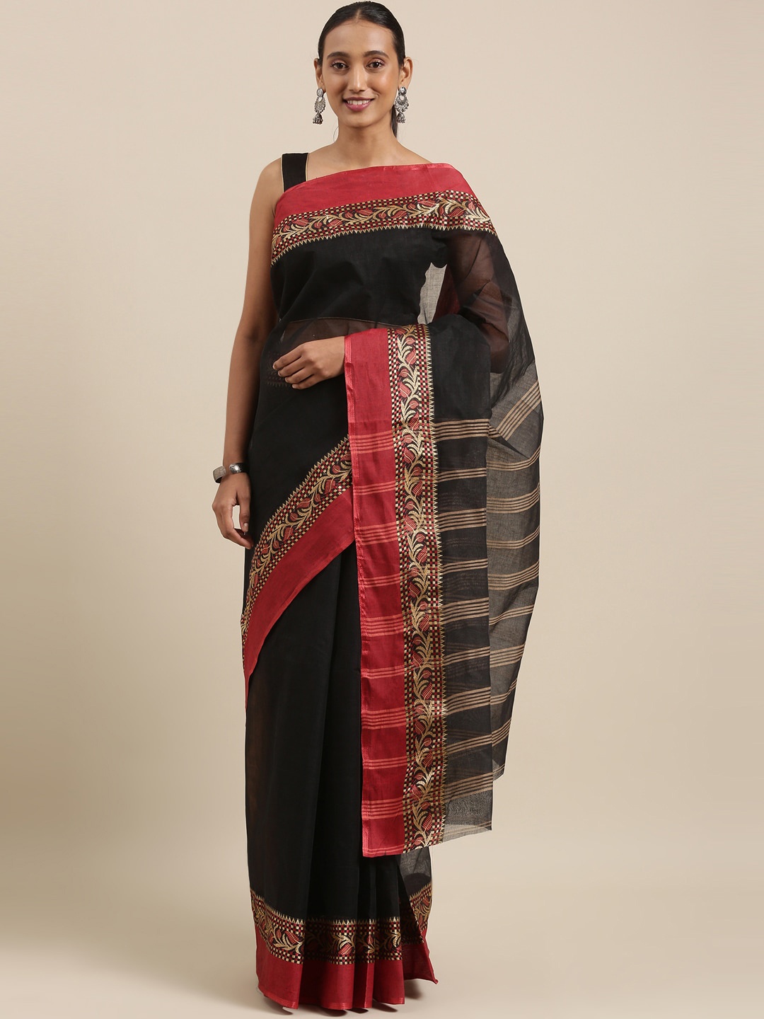 

The Chennai Silks Black & Red Pure Cotton Fusion Taant Saree