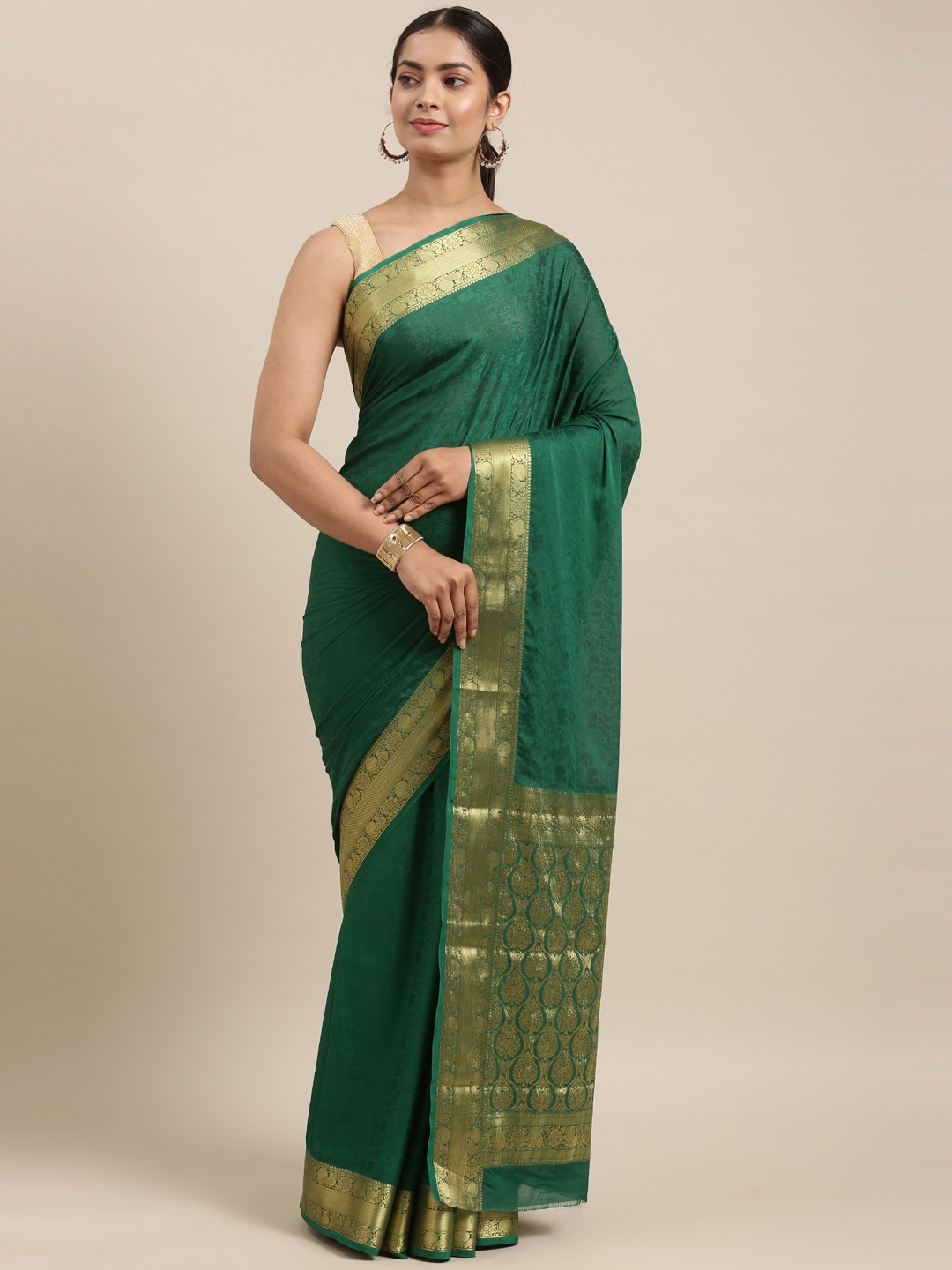 

The Chennai Silks Green & Gold-Toned Floral Fusion Saree