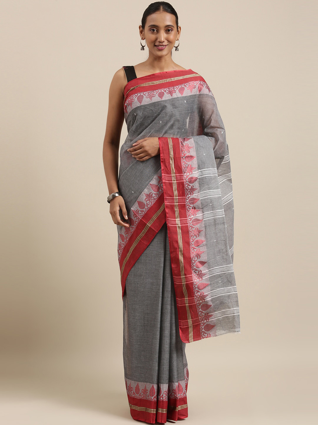 

The Chennai Silks Grey & Red Ethnic Motifs Pure Cotton Fusion Taant Saree