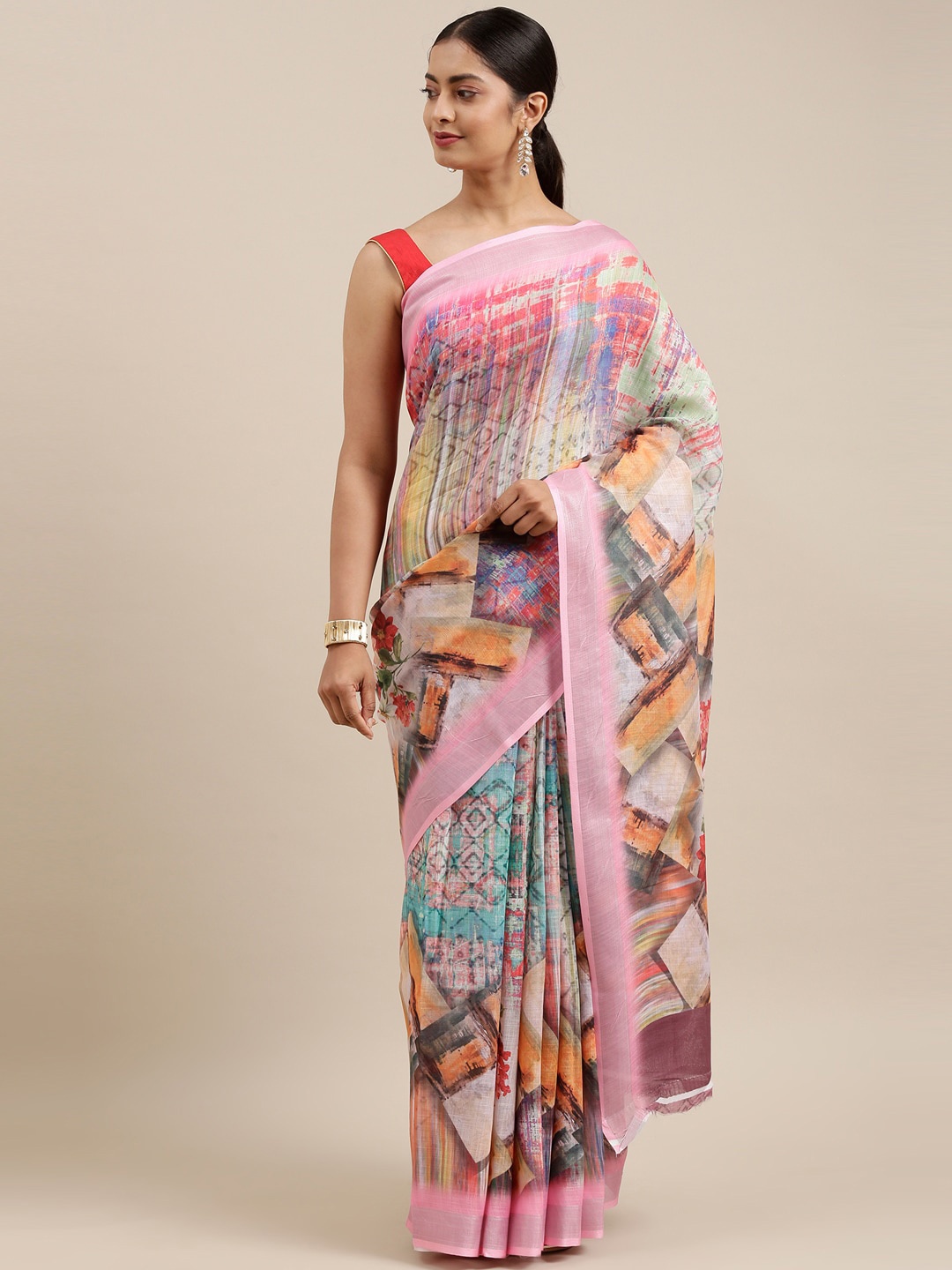 

The Chennai Silks Pink & Brown Zari Linen Blend Fusion Saree