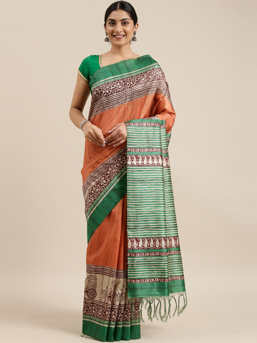 

The Chennai Silks Orange & Green Fusion Saree