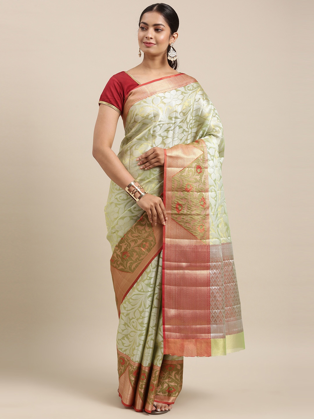 

The Chennai Silks Green & Maroon Floral Organza Fusion Banarasi Saree