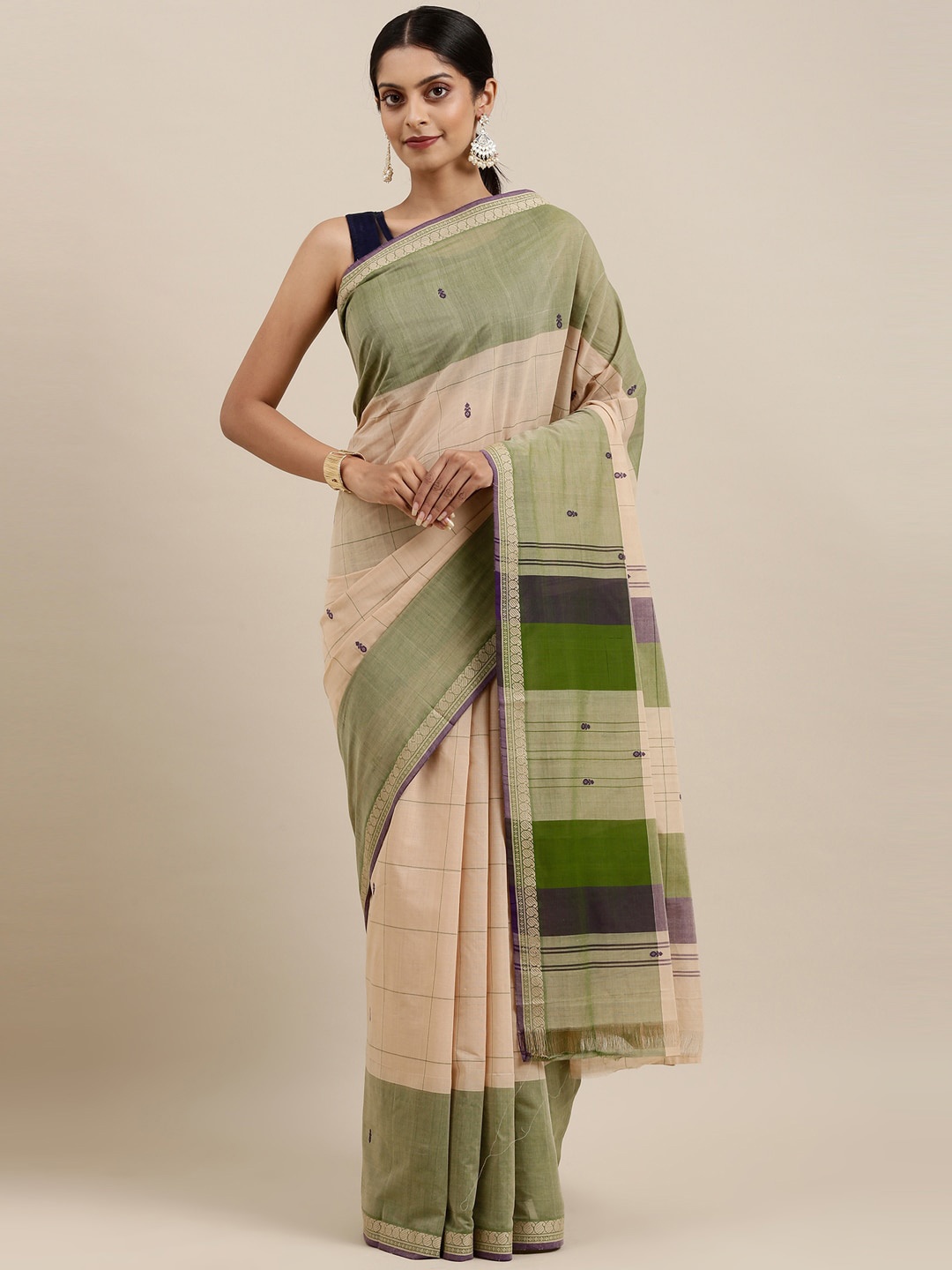 

The Chennai Silks Beige & Green Checked Pure Cotton Venkatgiri Saree