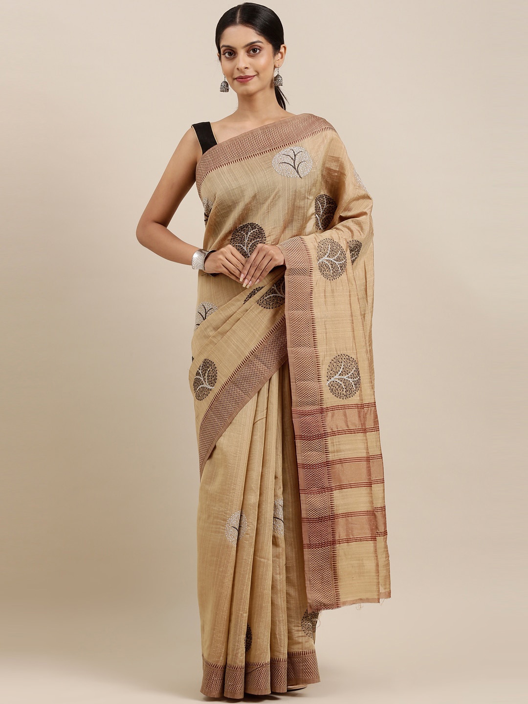 

The Chennai Silks Brown & Black Embellished Embroidered Jute Cotton Fusion Banarasi Saree
