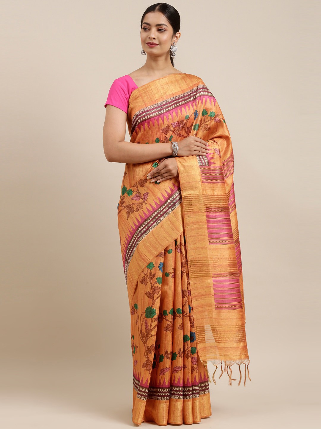 

The Chennai Silks Orange & Rose Floral Fusion Saree