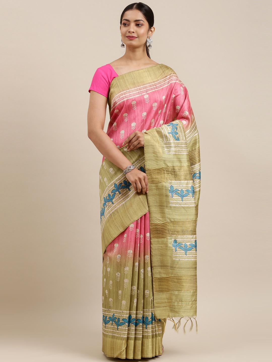 

The Chennai Silks Pink & Green Floral Fusion Saree