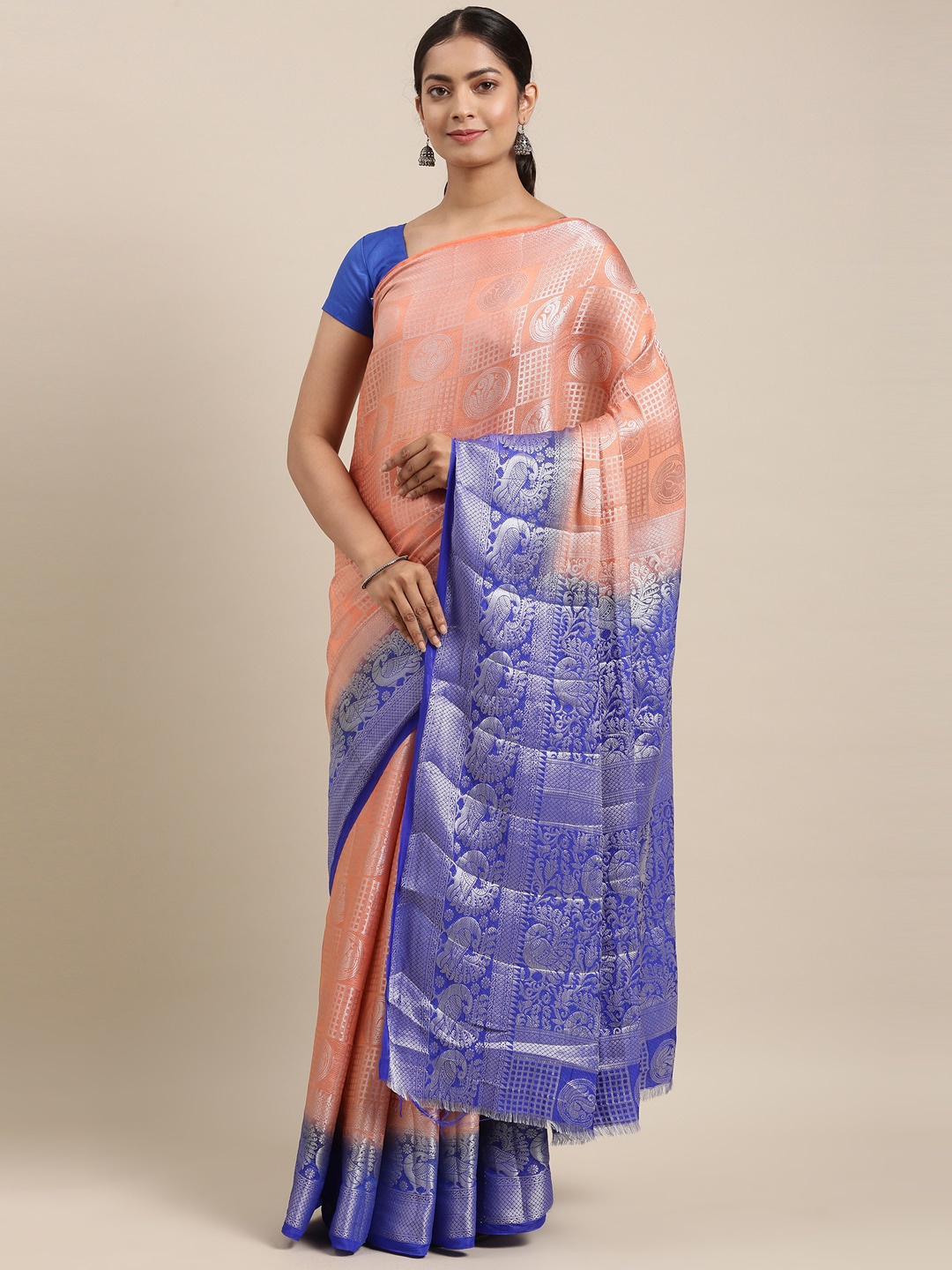 

The Chennai Silks Peach-Coloured & Blue Woven Design Zari Fusion Patola Saree