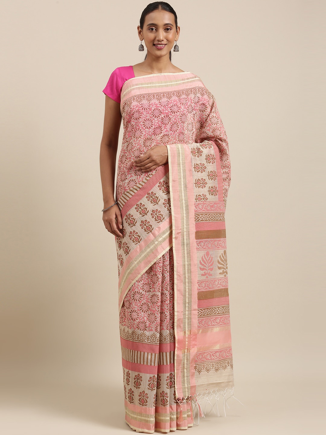 

The Chennai Silks Coral & Pink Floral Pure Cotton Fusion Saree