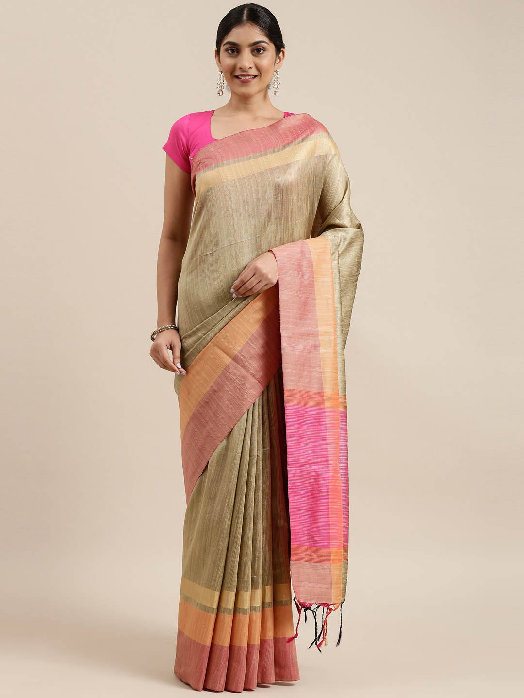 

The Chennai Silks Beige & Pink Fusion Saree