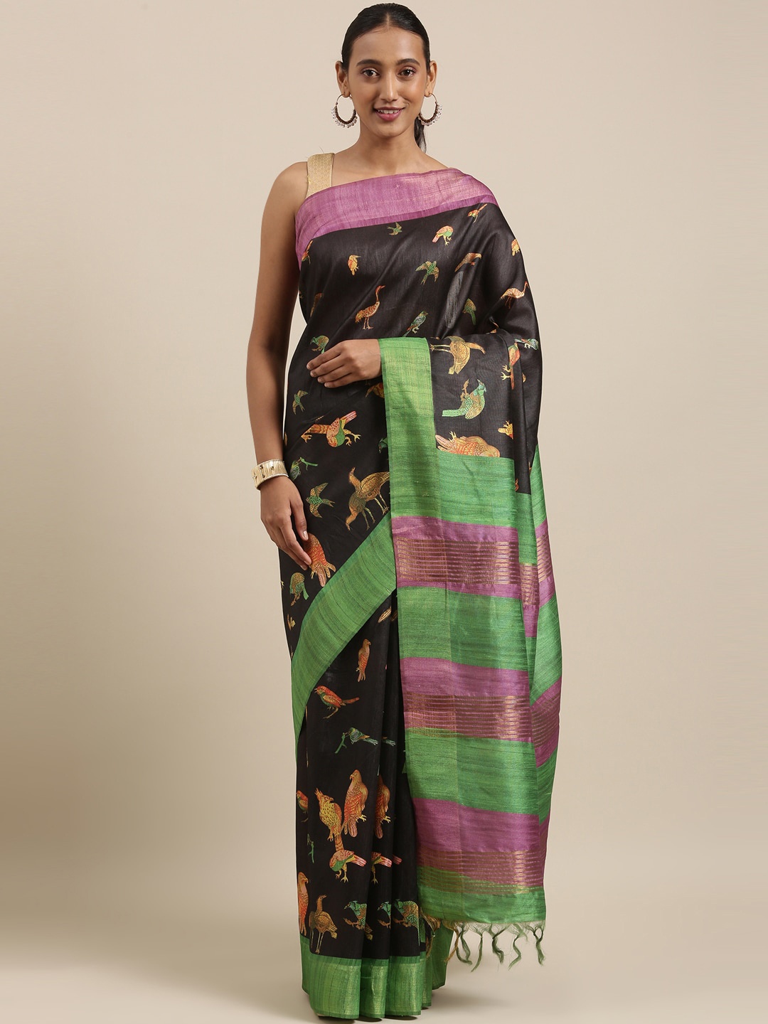 

The Chennai Silks Black & Green Floral Jute Cotton Fusion Saree