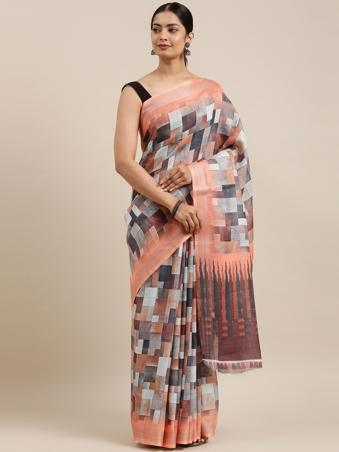

The Chennai Silks Orange & Black Zari Linen Blend Fusion Saree