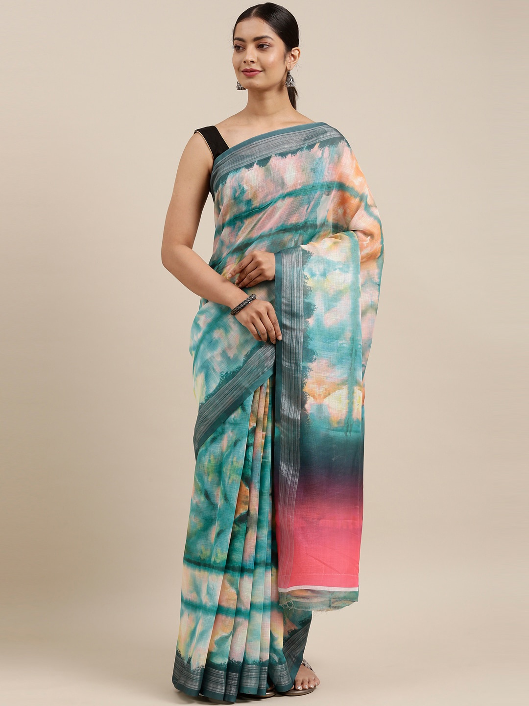 

The Chennai Silks Blue & Pink Zari Linen Blend Fusion Saree