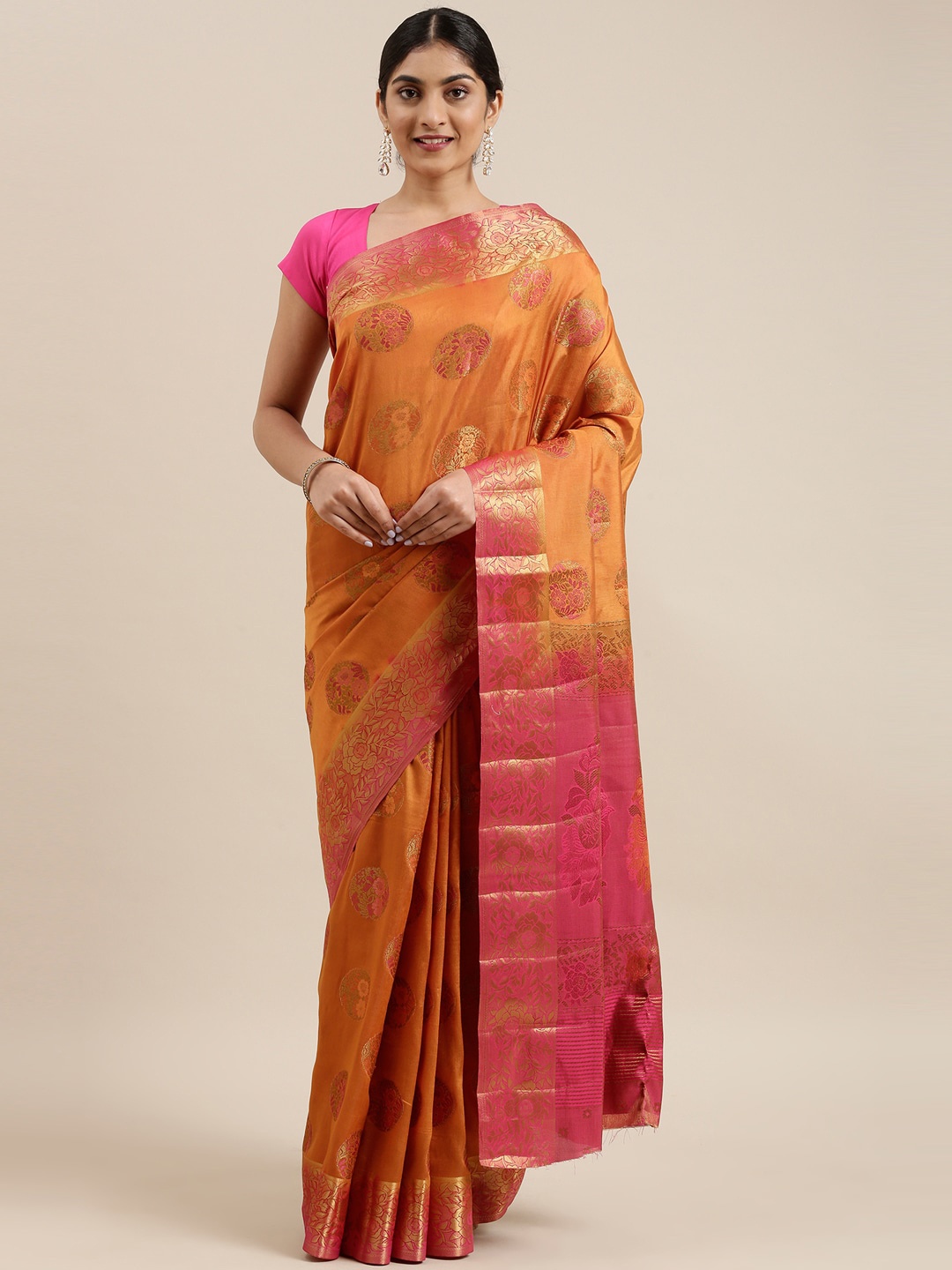 

The Chennai Silks Mustard & Gold-Toned Woven Design Zari Fusion Saree