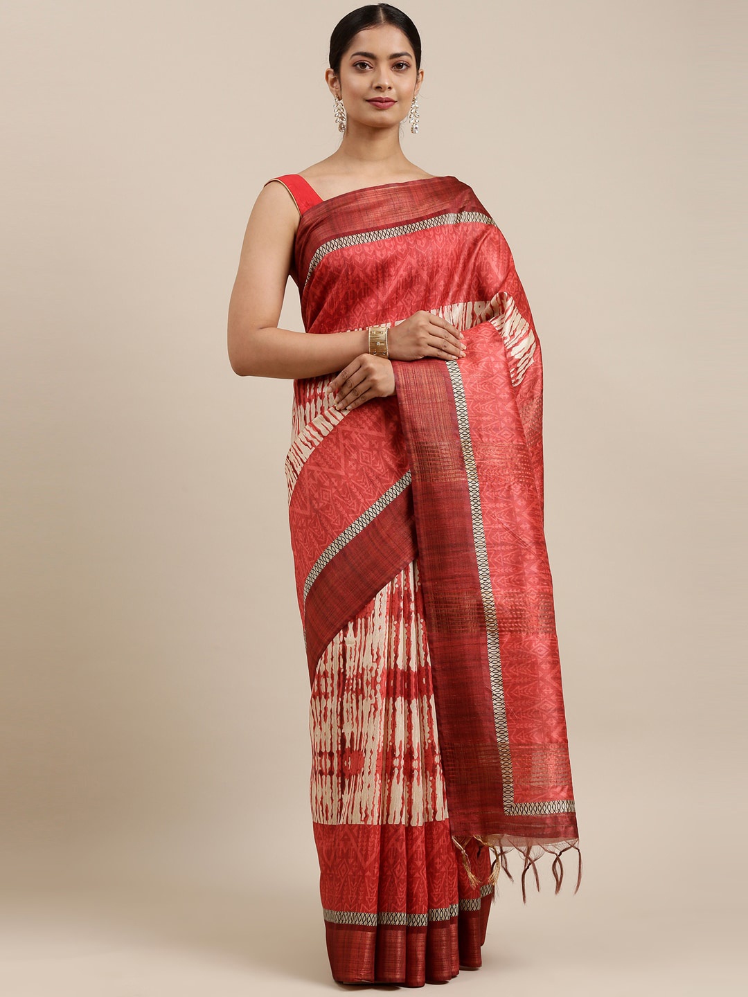 

The Chennai Silks Red & Beige Ethnic Motifs Fusion Saree