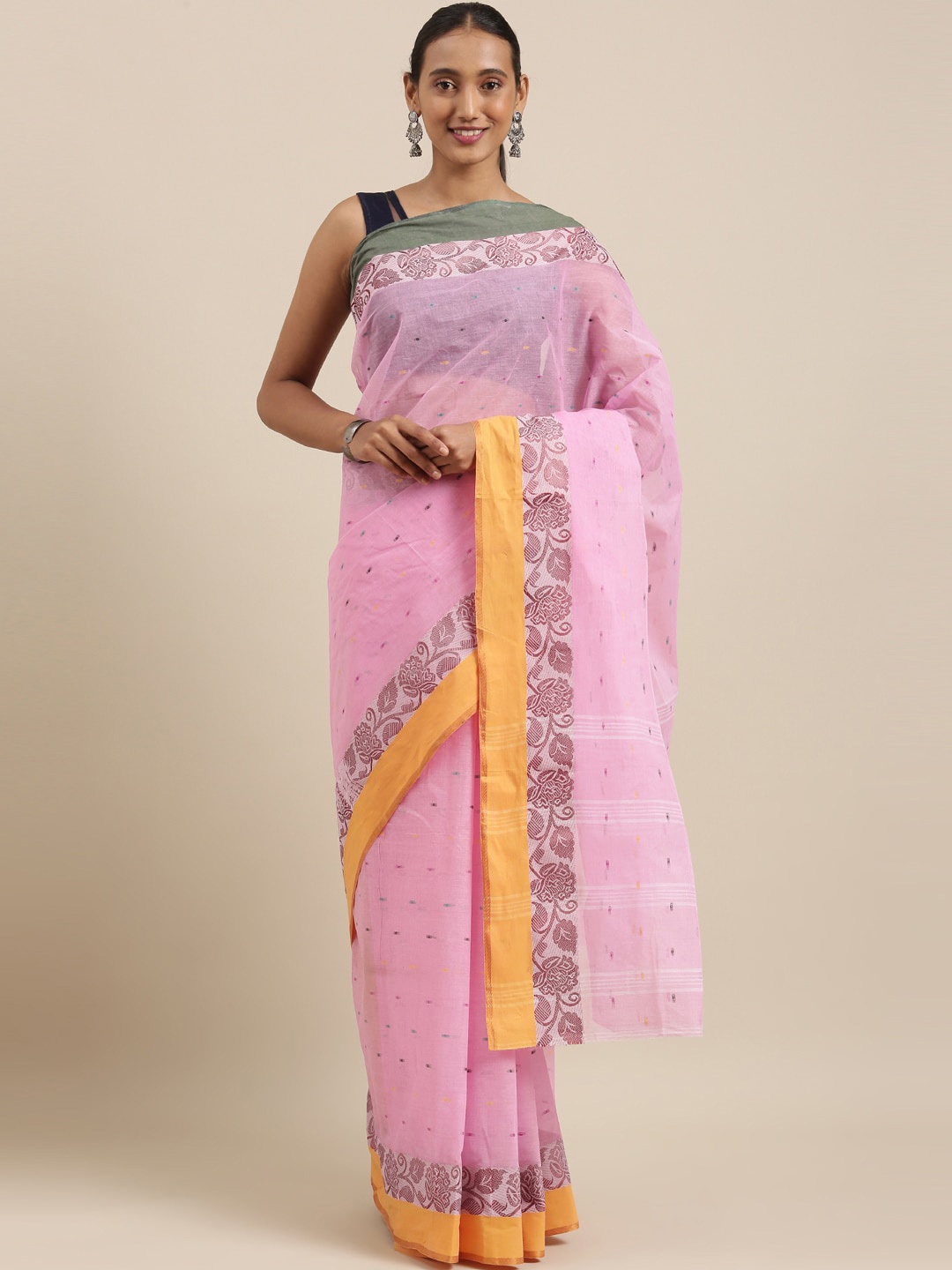 

The Chennai Silks Pink Ethnic Motifs Pure Cotton Fusion Taant Saree