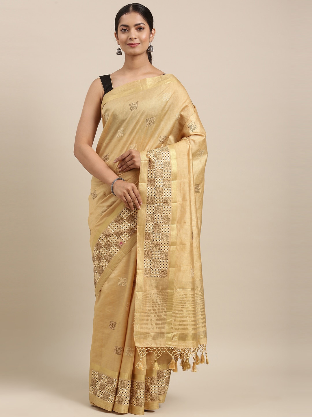 

The Chennai Silks Gold-Toned & Black Embellished Embroidered Fusion Saree