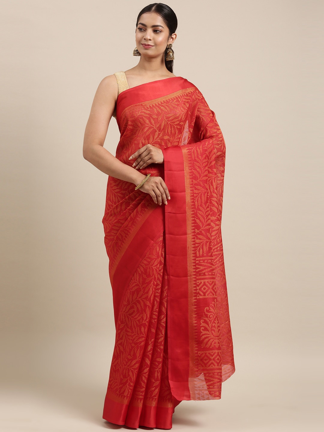 

The Chennai Silks Red & Gold-Toned Floral Brasso Fusion Saree