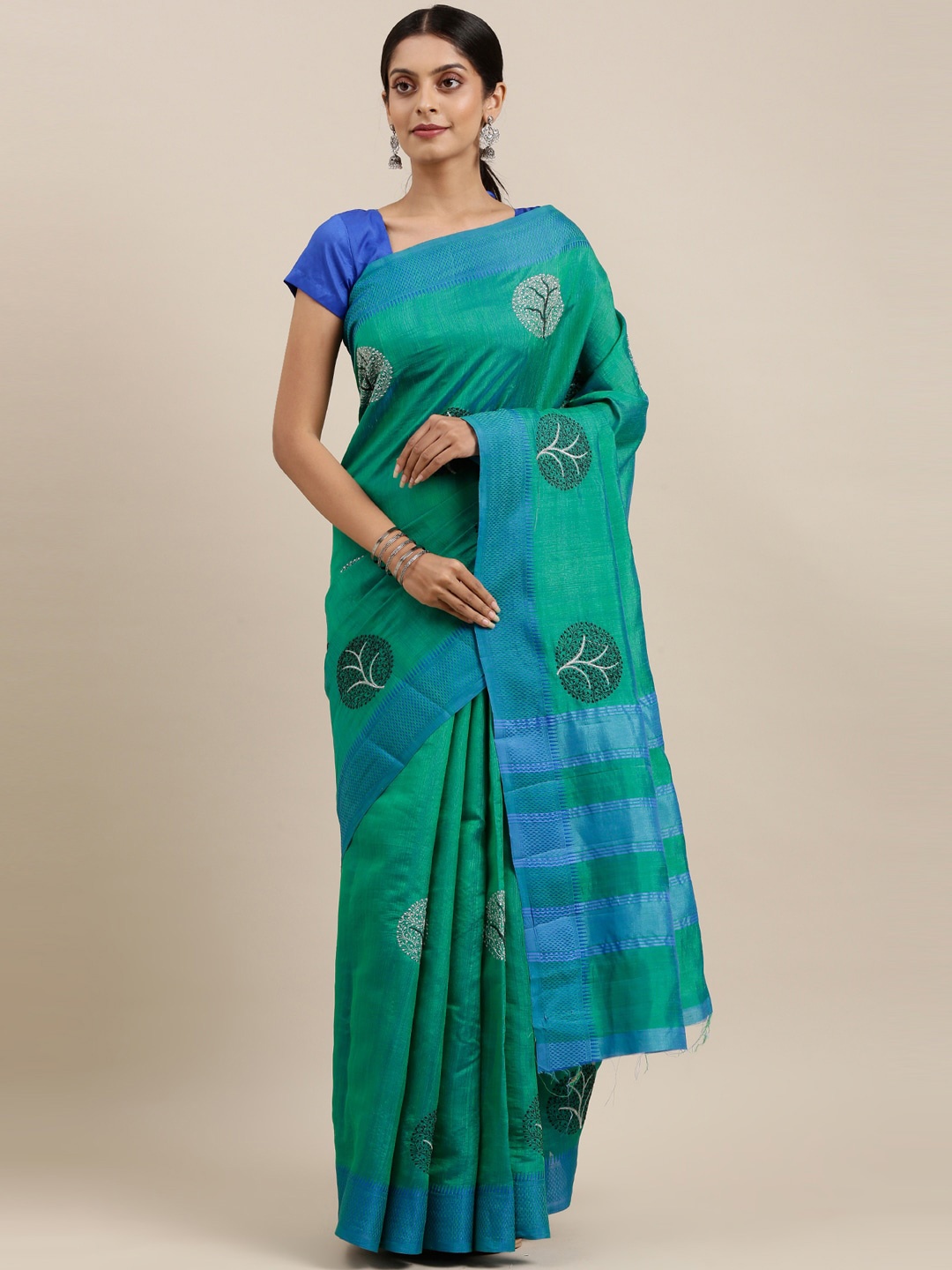 

The Chennai Silks Green & Blue Embellished Embroidered Jute Cotton Fusion Saree