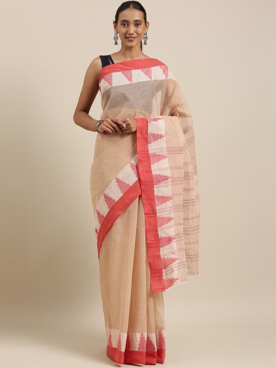 

The Chennai Silks Beige & Pink Pure Cotton Fusion Taant Saree
