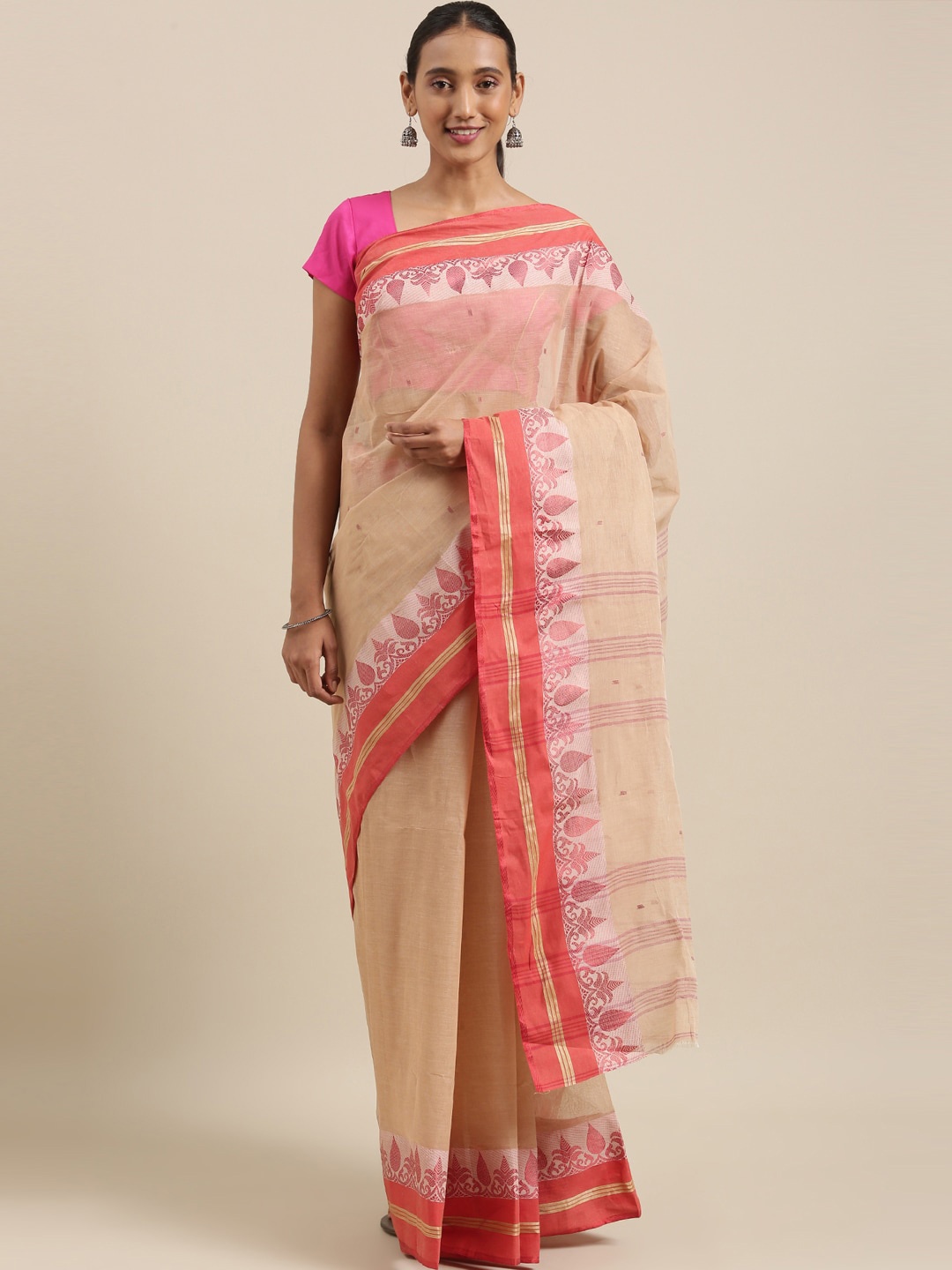 

The Chennai Silks Beige & Magenta Ethnic Motifs Pure Cotton Fusion Taant Saree