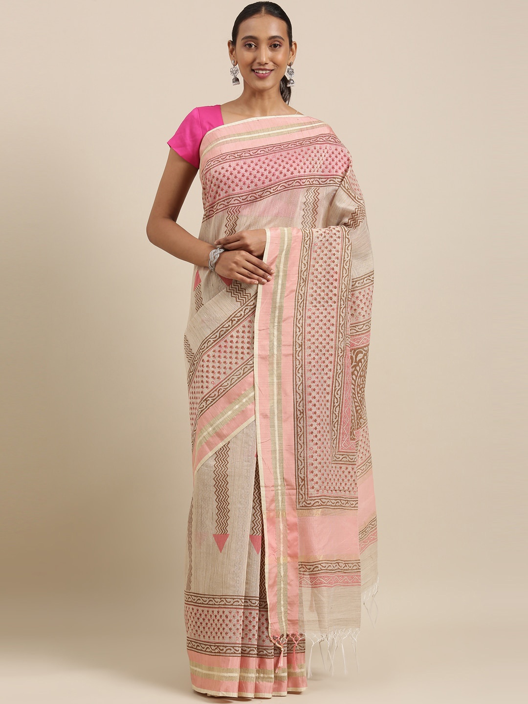 

The Chennai Silks Peach-Coloured & White Pure Cotton Fusion Chanderi Saree