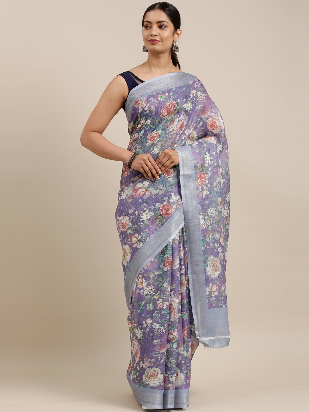 

The Chennai Silks Lavender & Red Floral Linen Blend Fusion Saree