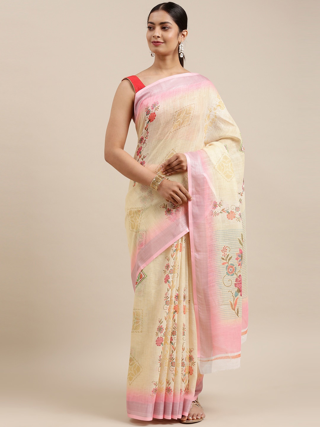 

The Chennai Silks Yellow & Pink Floral Zari Linen Blend Fusion Saree