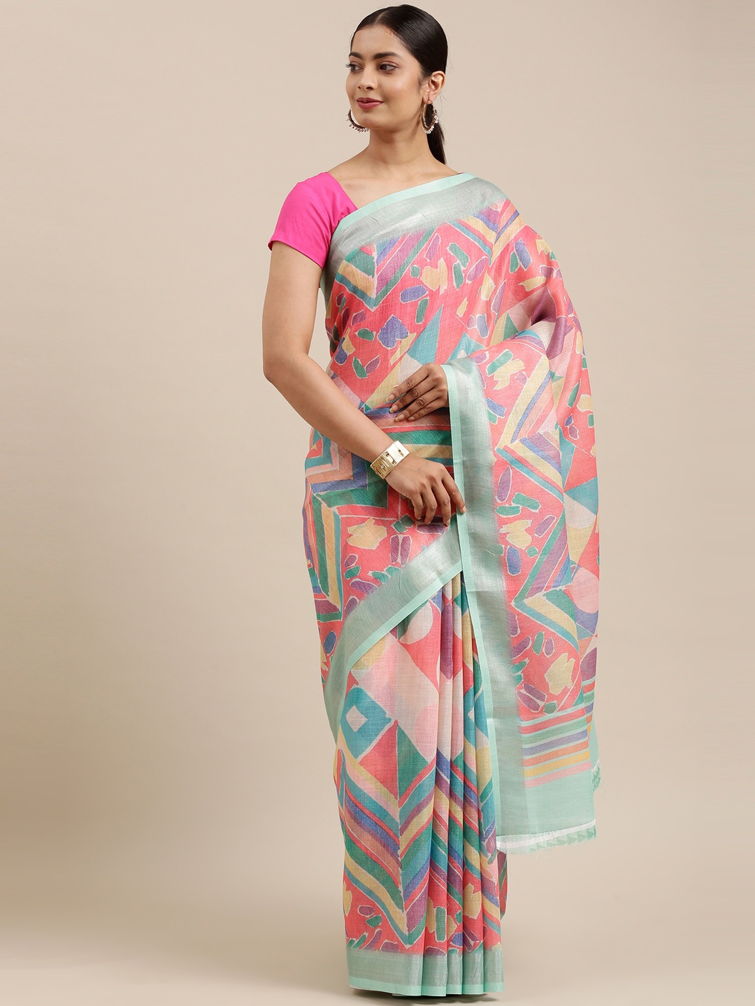 

The Chennai Silks Pink & Green Linen Blend Fusion Saree