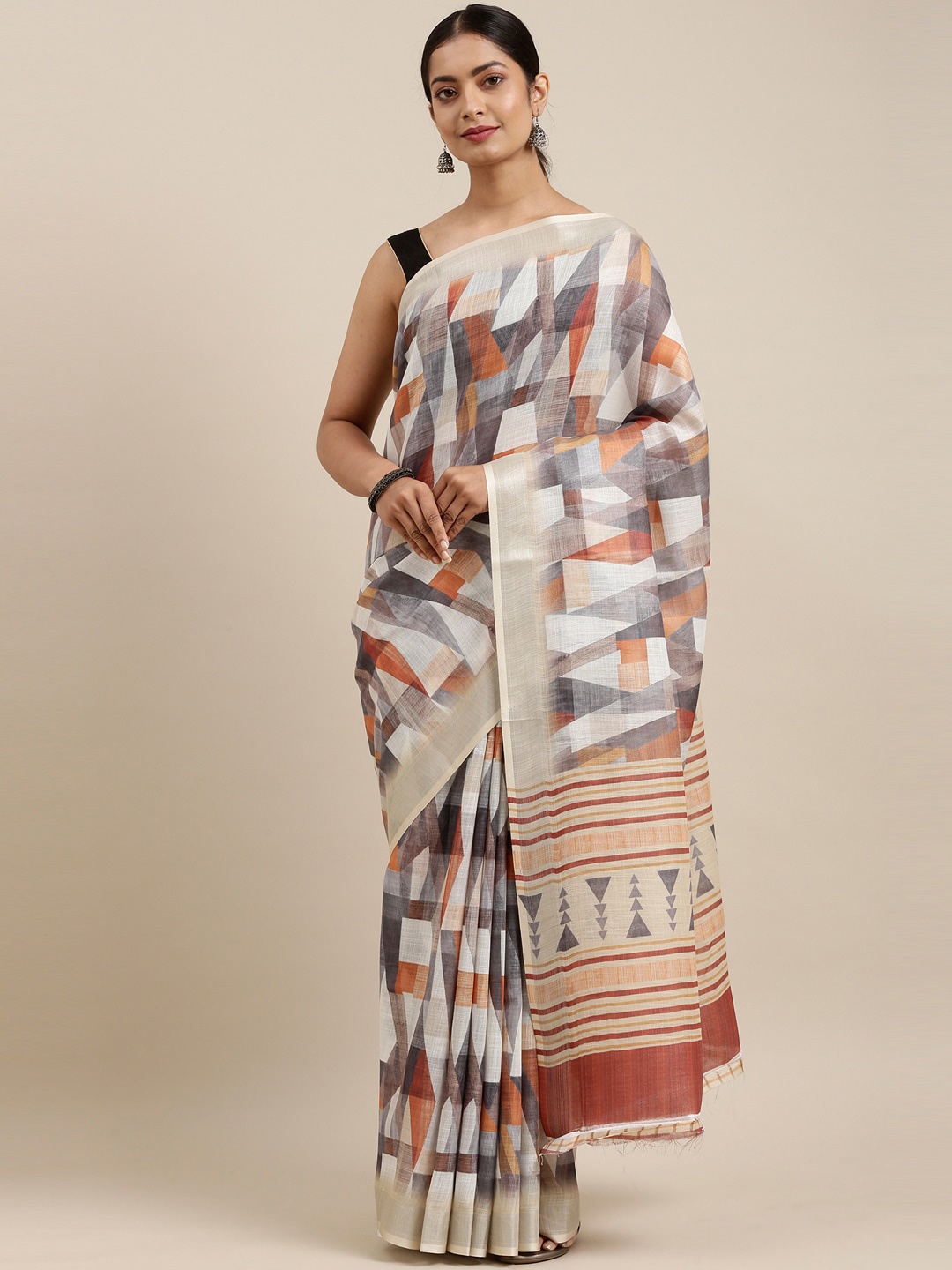 

The Chennai Silks White & Grey Zari Linen Blend Fusion Saree
