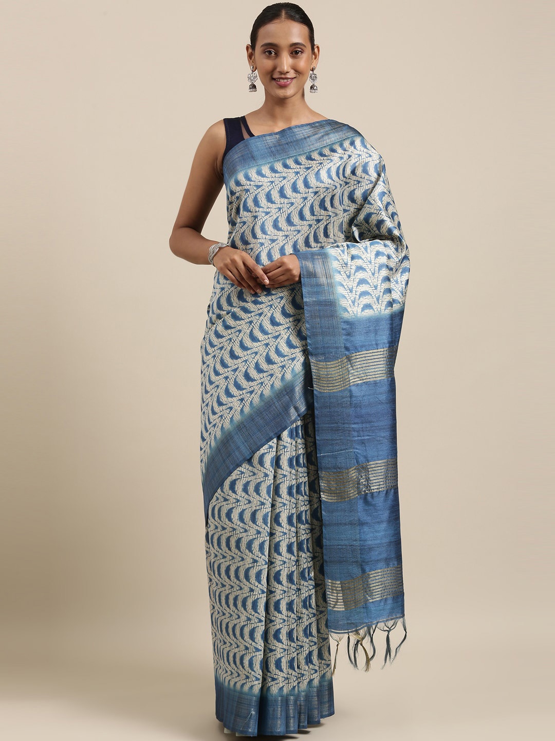 

The Chennai Silks Blue & White Zari Jute Cotton Fusion Saree