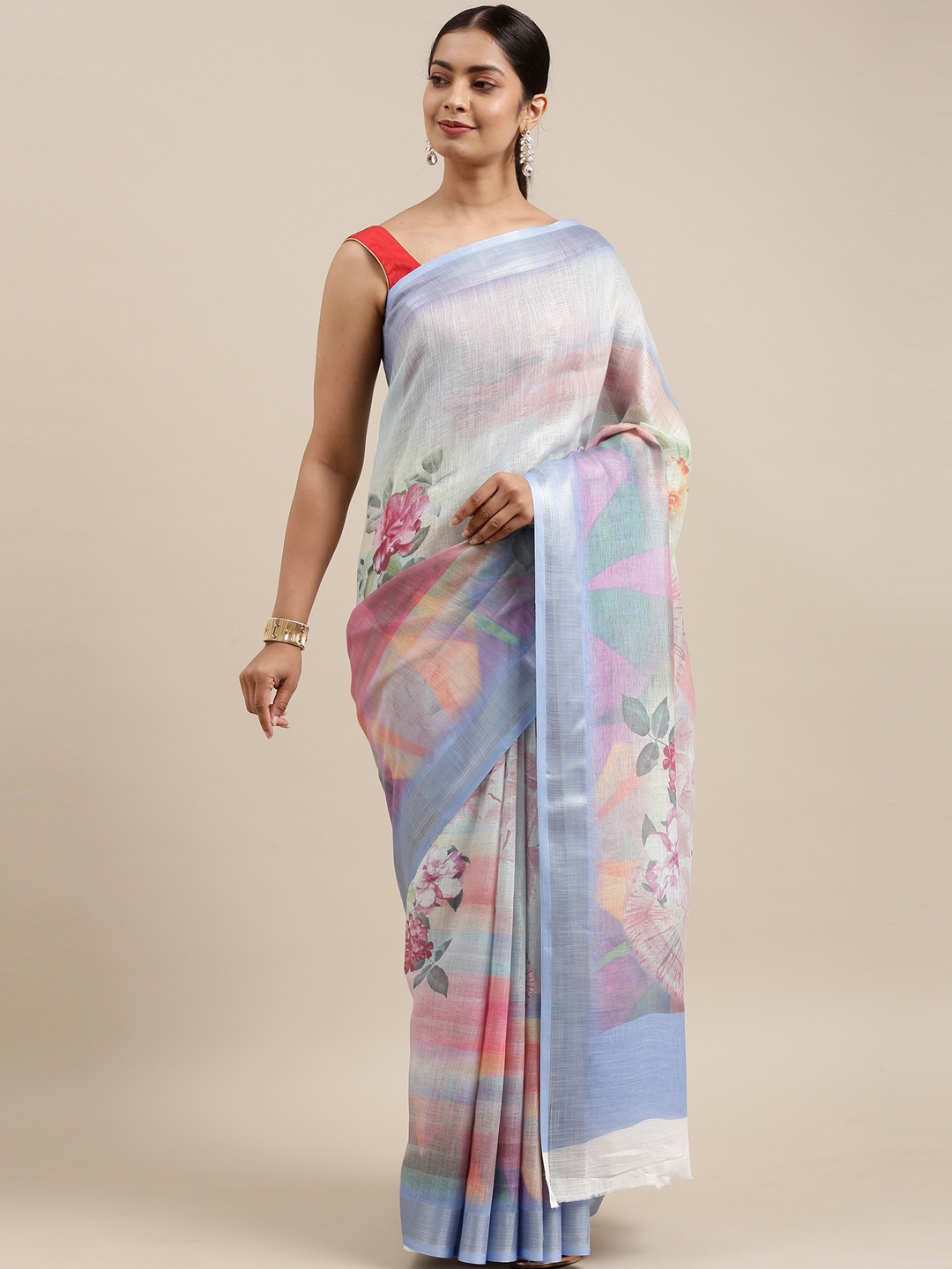 

The Chennai Silks Green & Blue Floral Linen Blend Fusion Saree