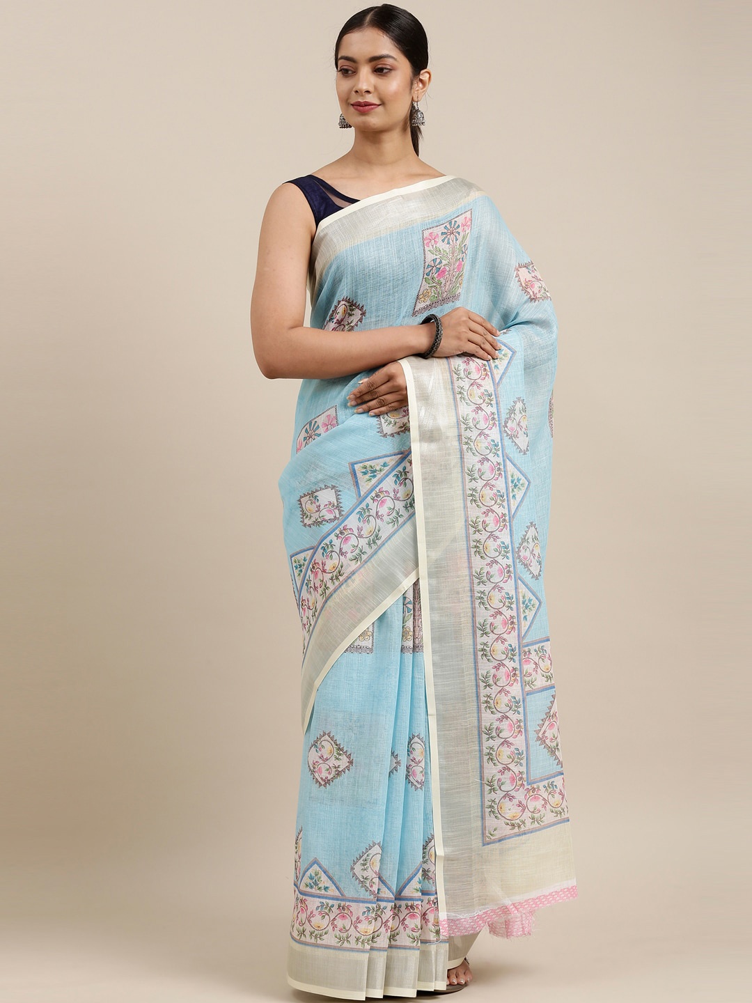 

The Chennai Silks Green & White Floral Zari Linen Blend Fusion Saree