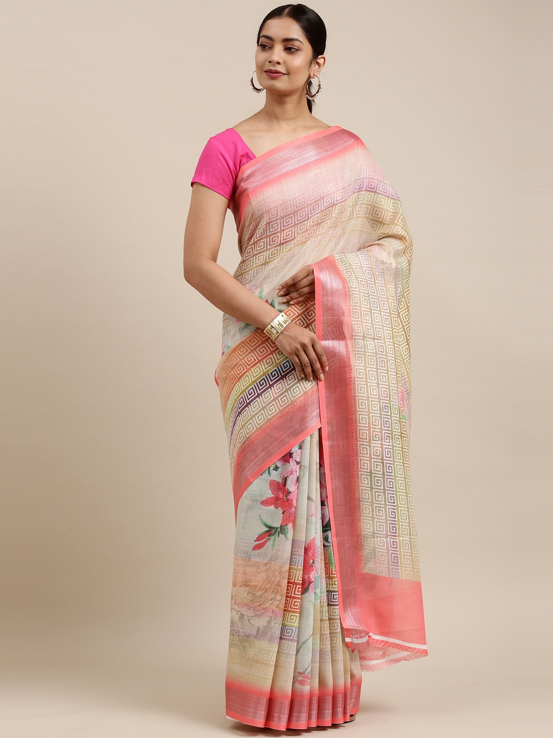

The Chennai Silks Peach-Coloured & White Floral Linen Blend Fusion Saree