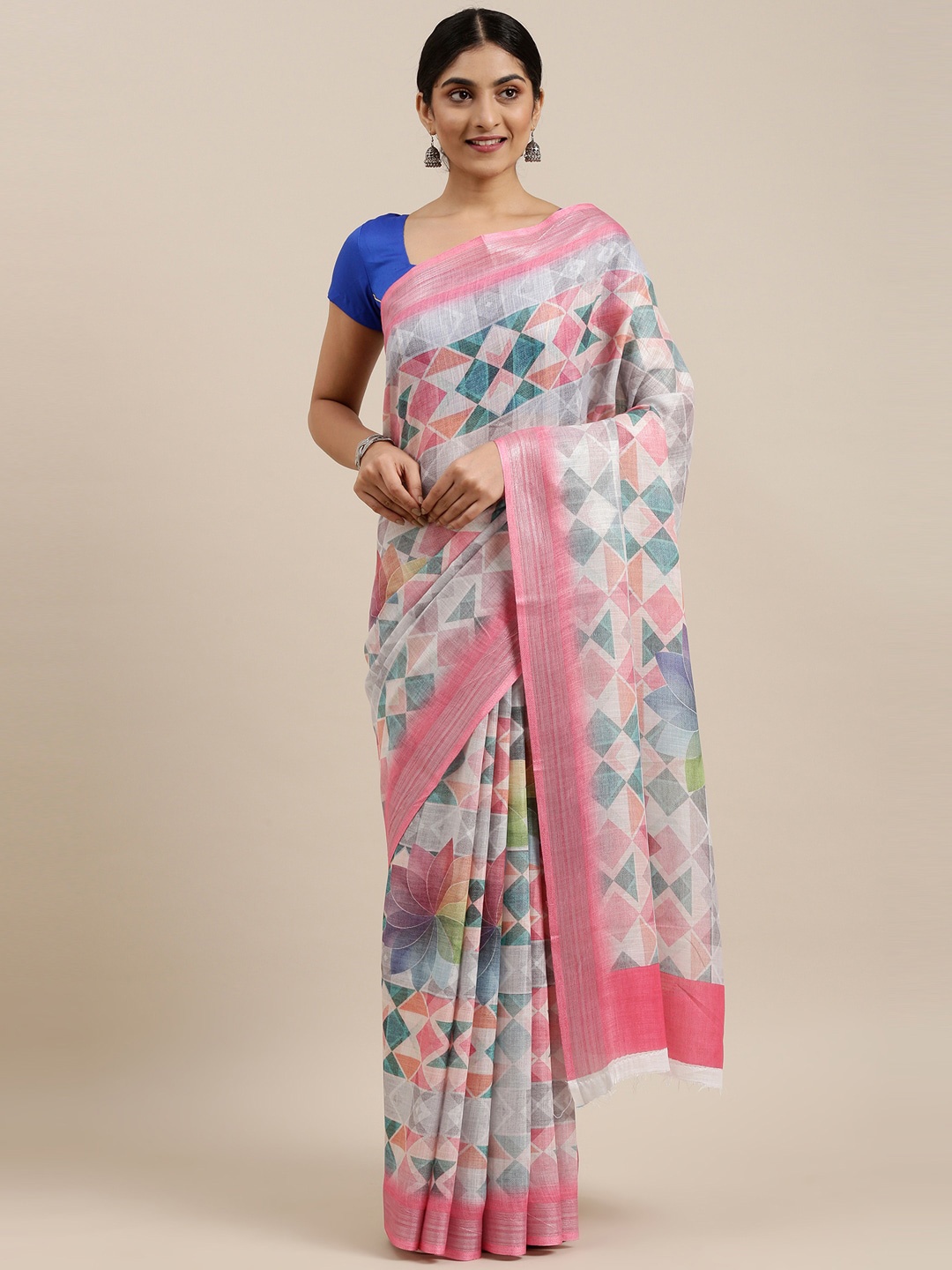 

The Chennai Silks Rose & Blue Floral Linen Blend Fusion Saree