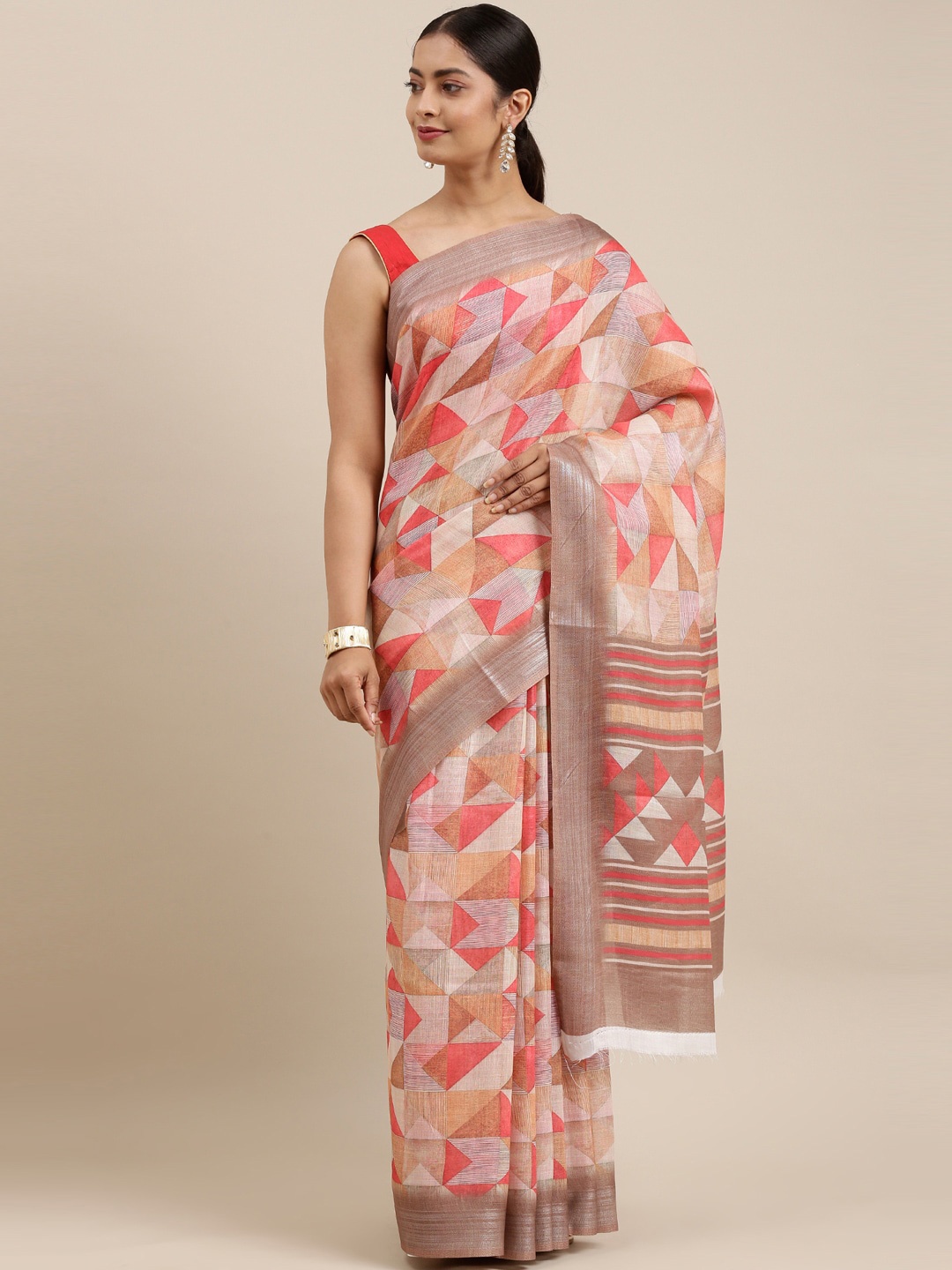 

The Chennai Silks Brown & Pink Zari Linen Blend Fusion Saree