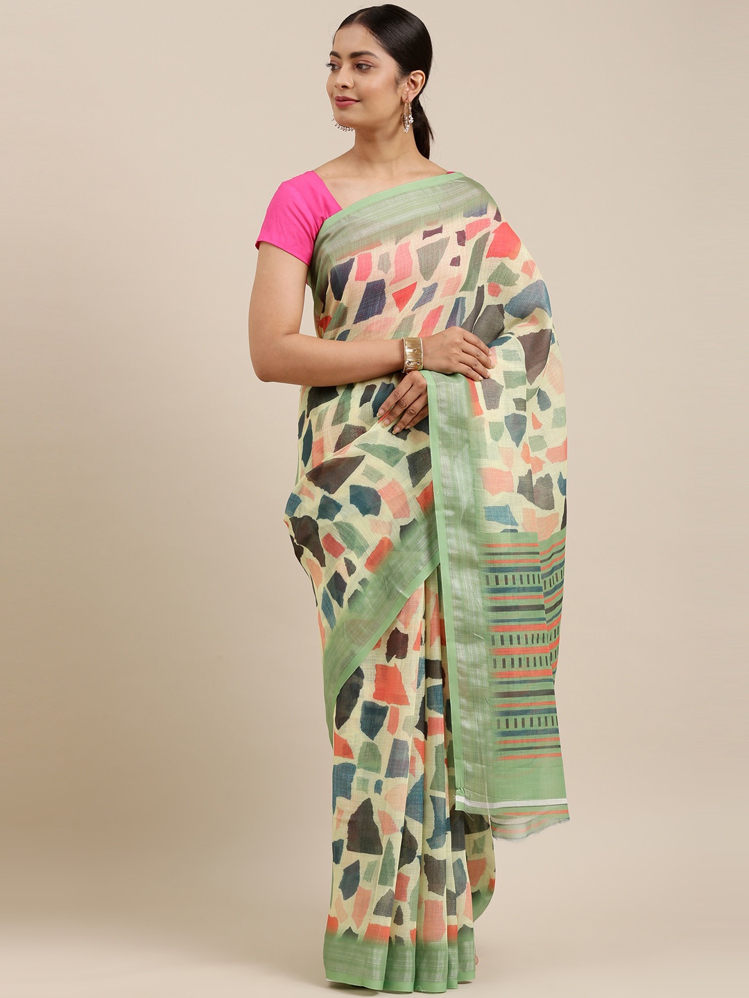 

The Chennai Silks Beige & Pink Zari Linen Blend Fusion Saree