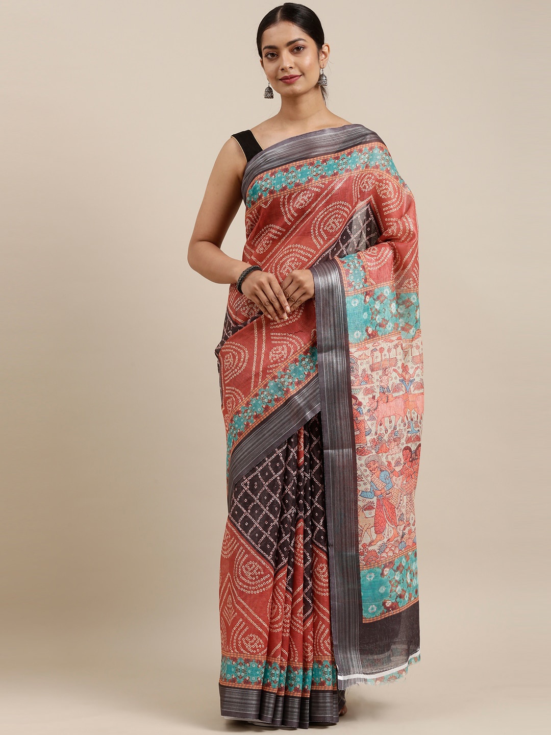 

The Chennai Silks Brown & Black Bandhani Linen Blend Fusion Saree