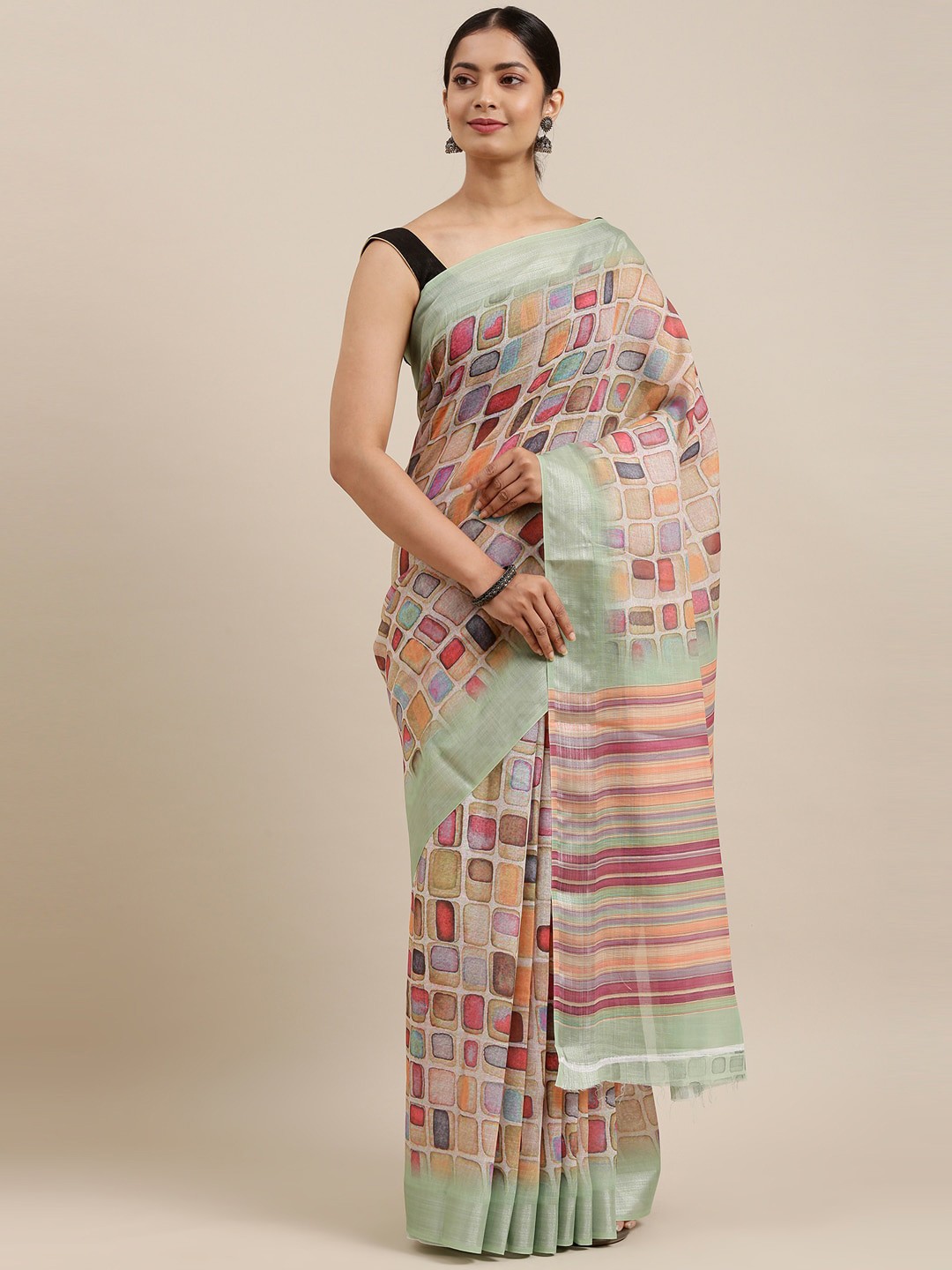 

The Chennai Silks Green & Pink Zari Linen Blend Fusion Saree