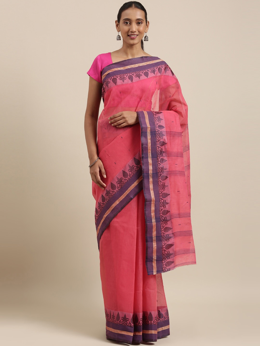 

The Chennai Silks Pink & Purple Pure Cotton Fusion Taant Saree