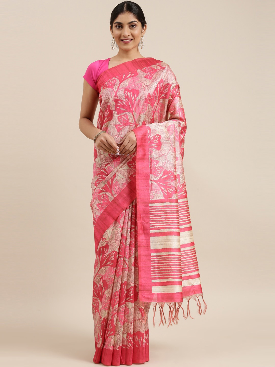 

The Chennai Silks Beige & Rose Floral Fusion Saree
