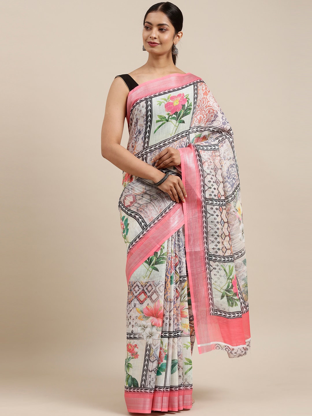 

The Chennai Silks Beige & Pink Floral Linen Blend Fusion Saree