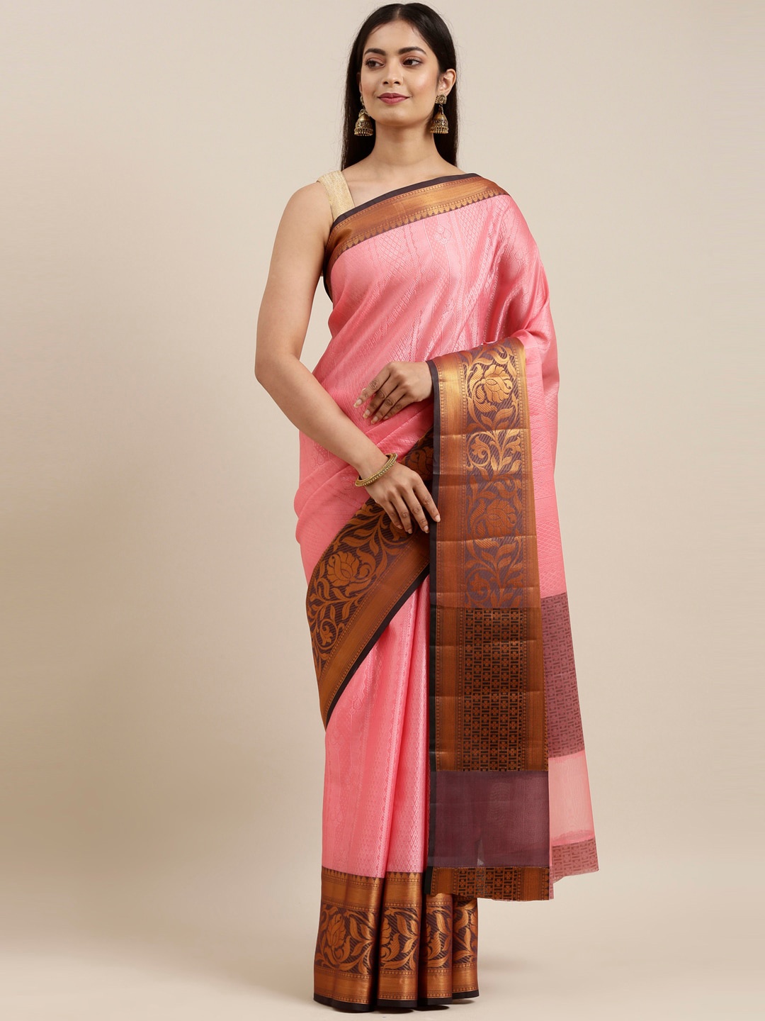 

The Chennai Silks Pink & Navy Blue Floral Organza Fusion Banarasi Saree