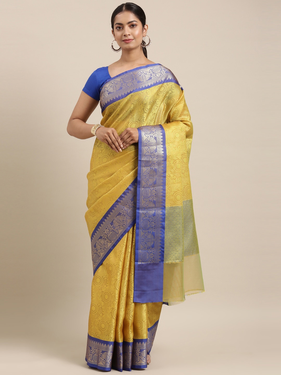 

The Chennai Silks Mustard & Blue Woven Design Zari Organza Fusion Banarasi Saree
