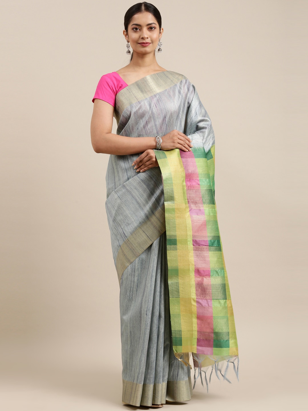 

The Chennai Silks Grey & Green Zari Fusion Saree