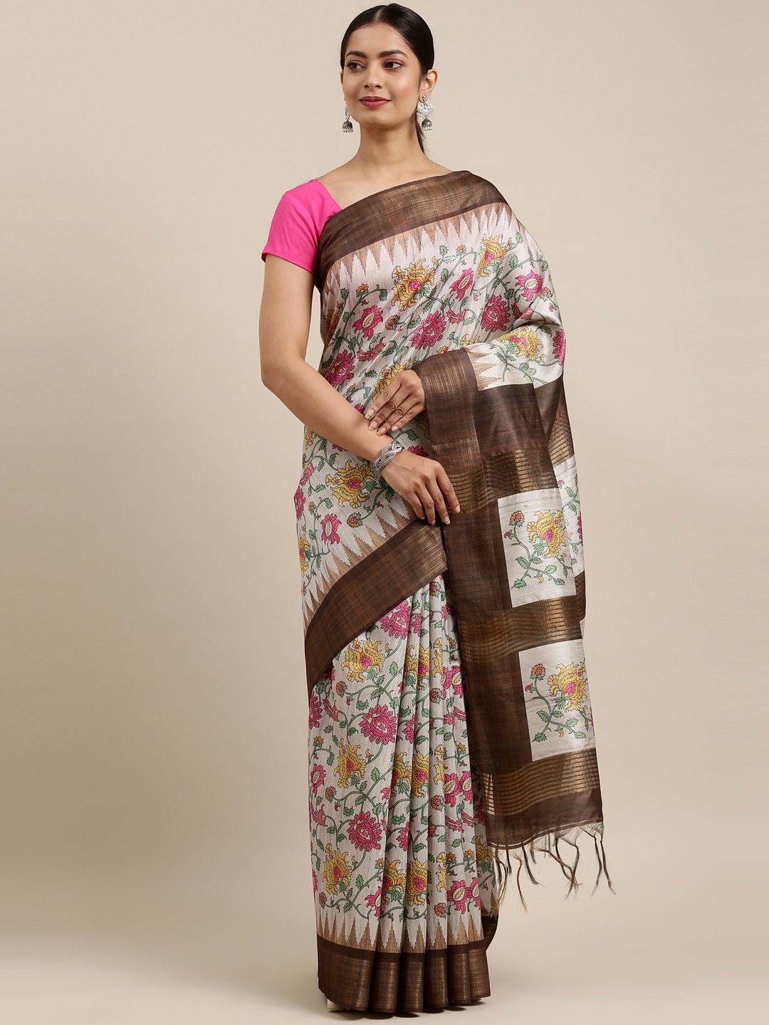 

The Chennai Silks Beige & Pink Floral Zari Fusion Saree